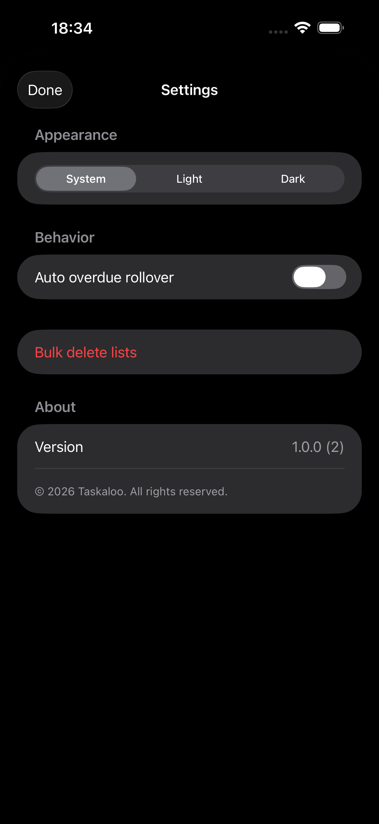 Settings screen